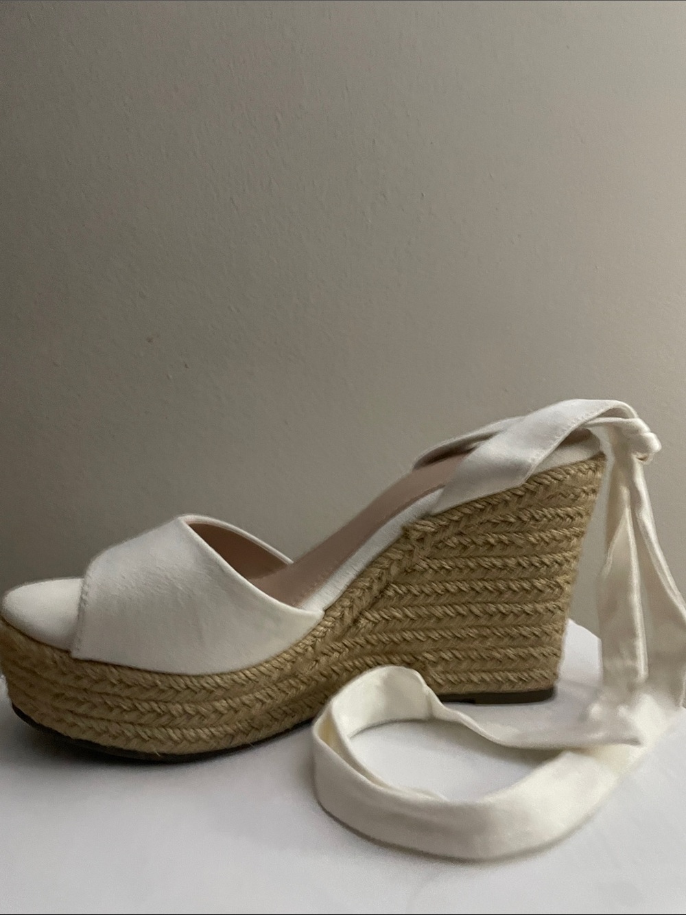 White Espadrille Wedge Sandals with Ankle Wrap